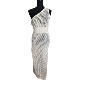 Cha Cha One Shoulder Crocheted Boho Cover up Side Slit midi Dress Size M NWT